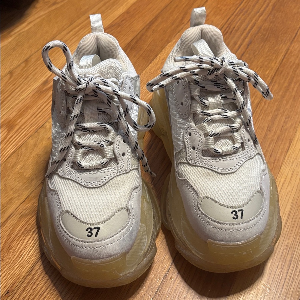 Balenciaga White and Yellowed Sole Triple S Sneakers - Picture 3 of 12